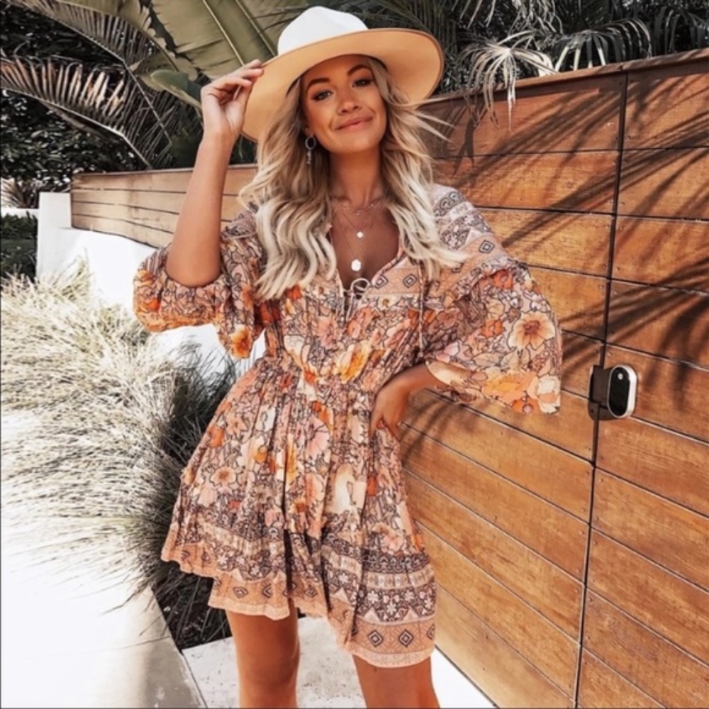 Boho Gypsy Pink Floral Print Front Tie Mini Dress
